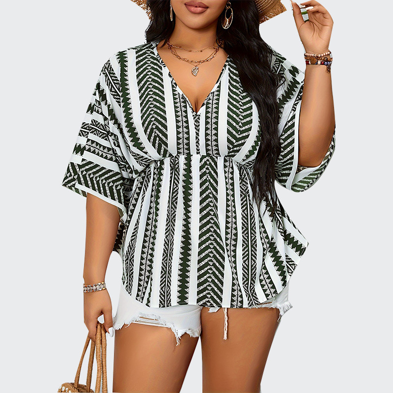 Cross-border European and American Summer Vacation Style Striped plus size Short-sleeved Shirt chubby girl Deep V-neck Half-sleeved Pullover Top for Women