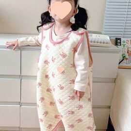 婴儿无袖夹棉睡袋宝宝背心式防踢被儿童连体加厚马甲护肚保暖春秋