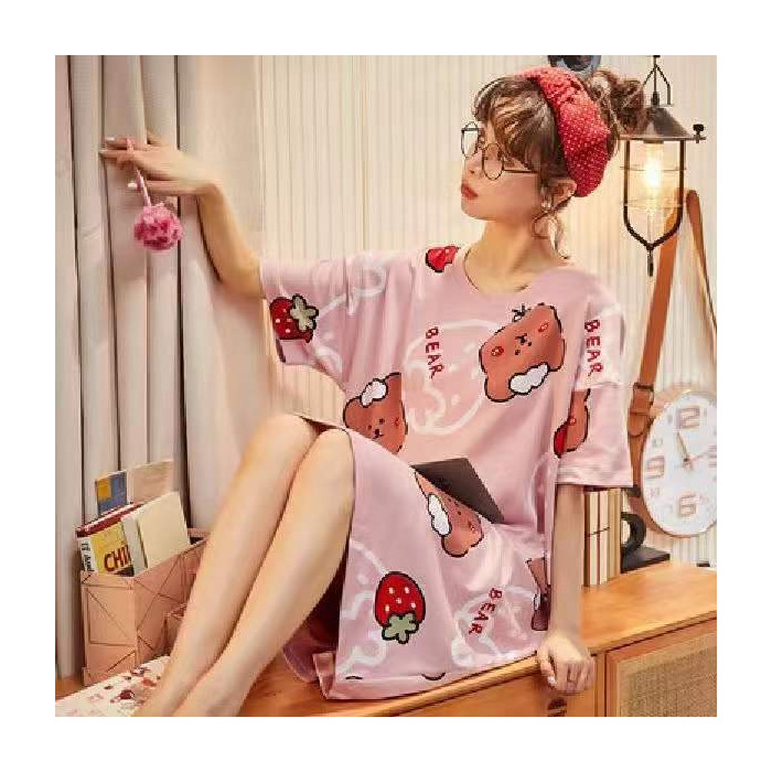 El comercio exterior de verano pijamas cuello redondo jersey de media longitud camisón de las mujeres lindo dulce flojo delgado de seda de leche ropa para el hogar