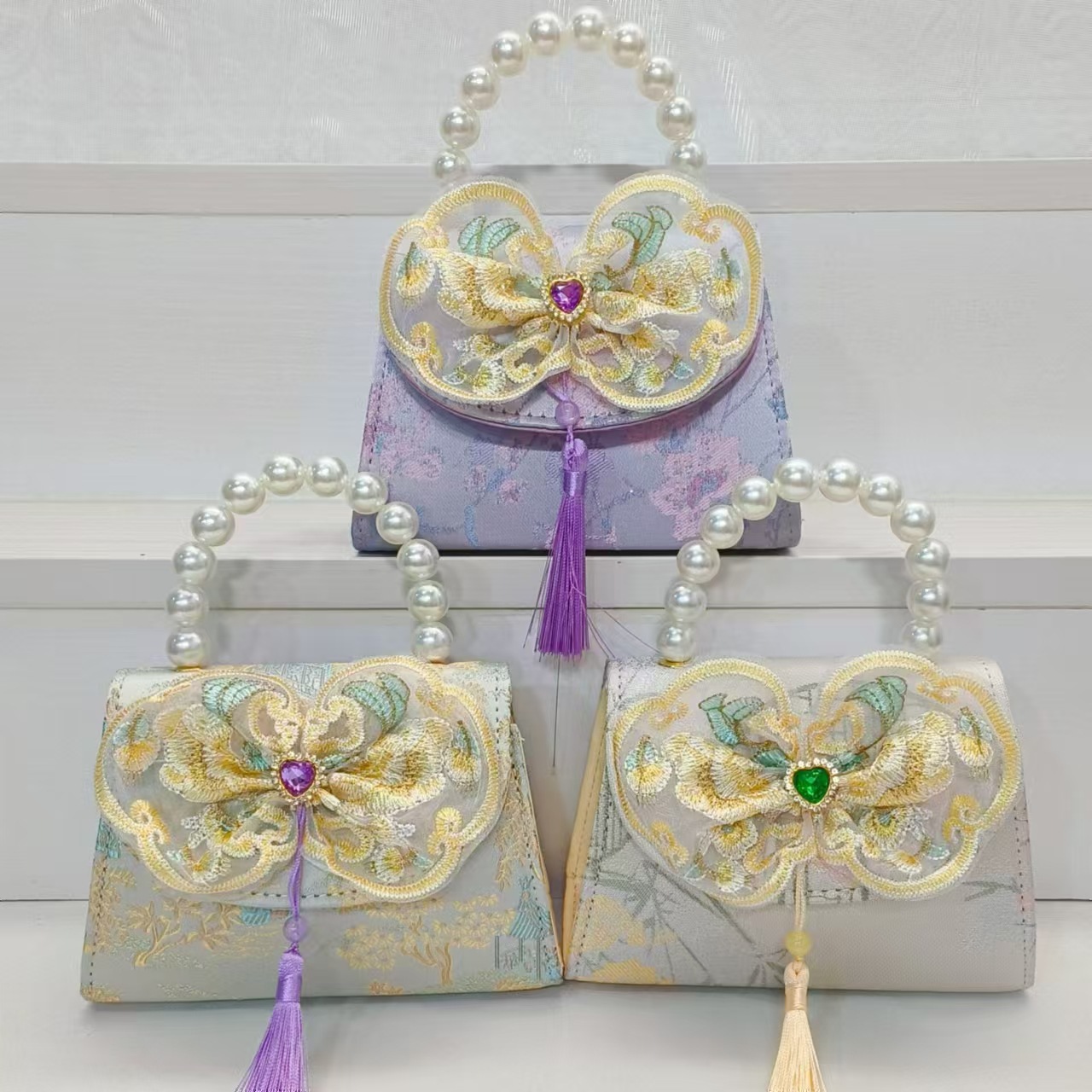 Bolsos de perlas de arco de estilo nacional, bolsos de cadena de princesa, bolsos de ropa antigua, accesorios para niños, bolsos de regalos para niñas