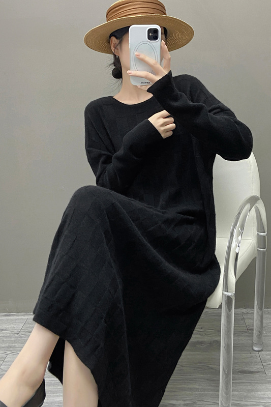 新款秋冬山羊绒裙子女圆领毛衣连衣裙麻花纹直筒中长款羊绒打底衫|undefined