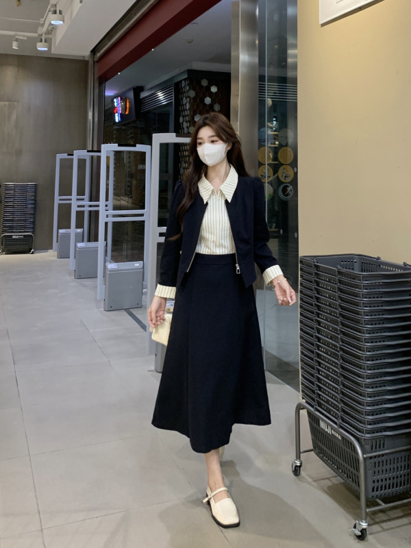 法式气质长袖假三件套连衣裙女秋季新款大码胖mm收腰显瘦通勤长裙|undefined