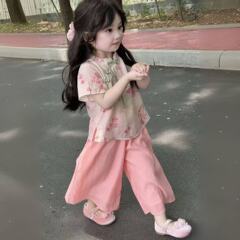 女の子の古風な洋風のスーツの女性の宝の花の上着の広い足のズボンの中国風の2つのセットの新しい中国式の夏服