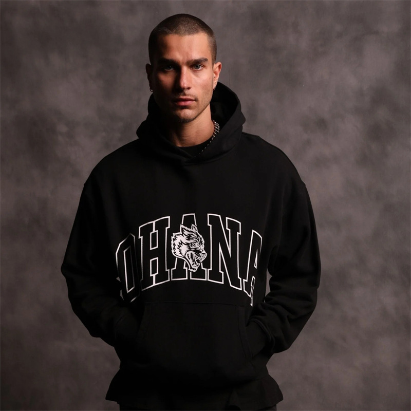 Darc Wolf Head Letter Print Hooded Sweatshirt American Basketball Sports Top Loose Basketball Autumn and Winter Training Jacket