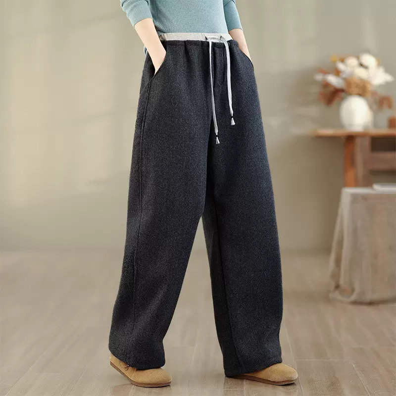 实拍2025秋冬文艺慵懒风宽松大码女装松弛感卫裤独特别致弯刀裤