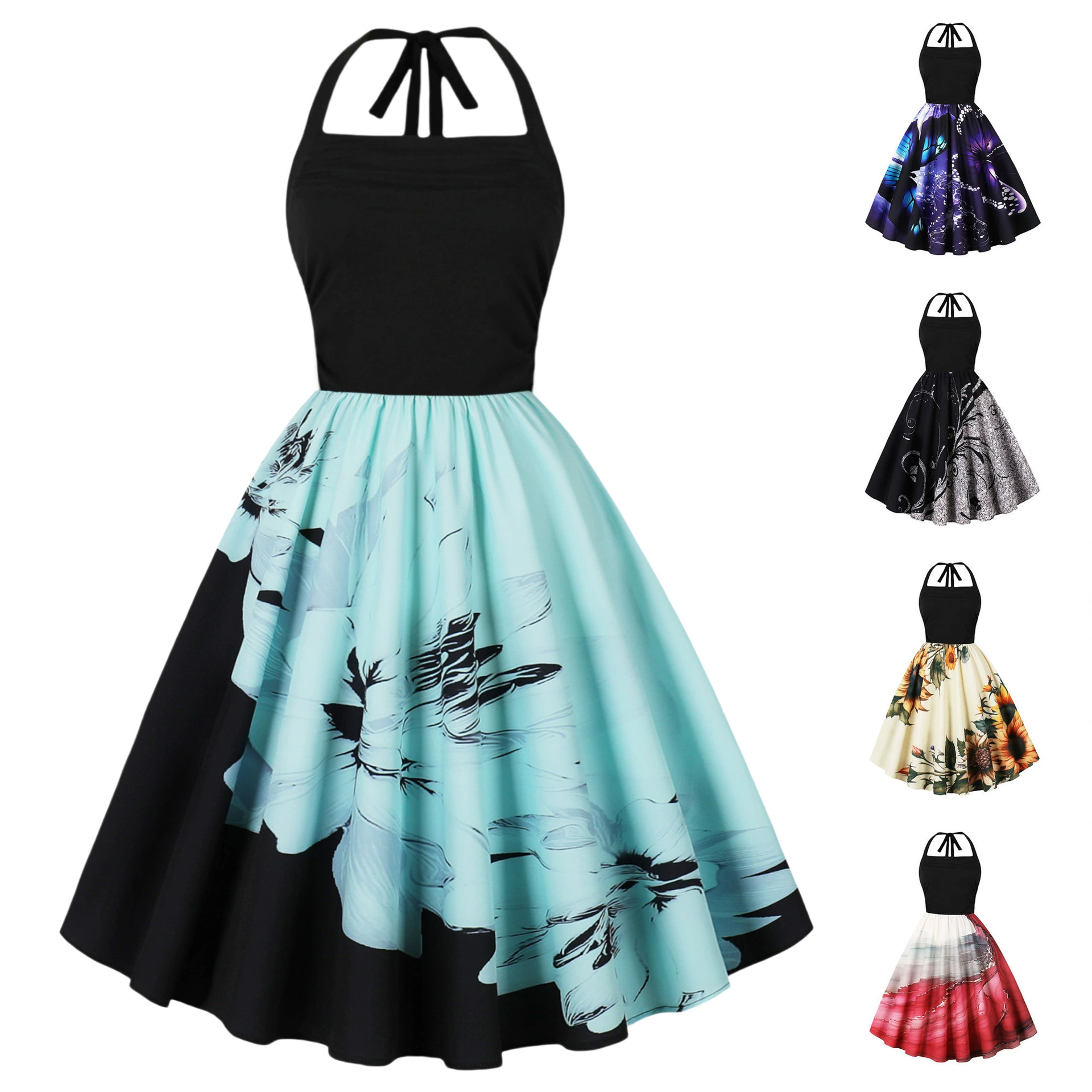 D Export Women's Clothing 5060S European and American Retro Hepburn Style Halterneck Black Printed Elastic Waist Large Hem Dress D Export Women's Clothing 5060S European and American Retro Hepburn Style Halterneck Black Printed Elastic Waist Large Hem Dress