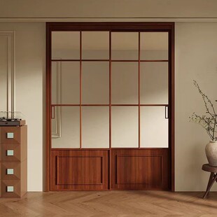 Black Walnut Wood Grain French Retro Sliding Door Balcony Hanging Rail Door Kitchen Linkage Door