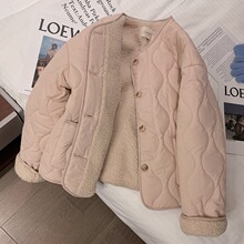 粉色羊羔绒棉衣女2022年冬季新款韩版加厚圆领羊羔毛外套棉服棉袄