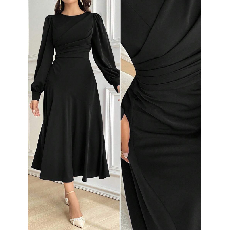 Cross-border Amazon Europe and America 2026 Autumn New Elegant Round Neck Lantern Sleeve Pleated Mid-Length Dress
