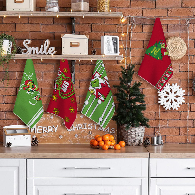 Christmas Grinch green monster pattern kitchen dish towel, Christmas scene printed hand towel, holiday towel
