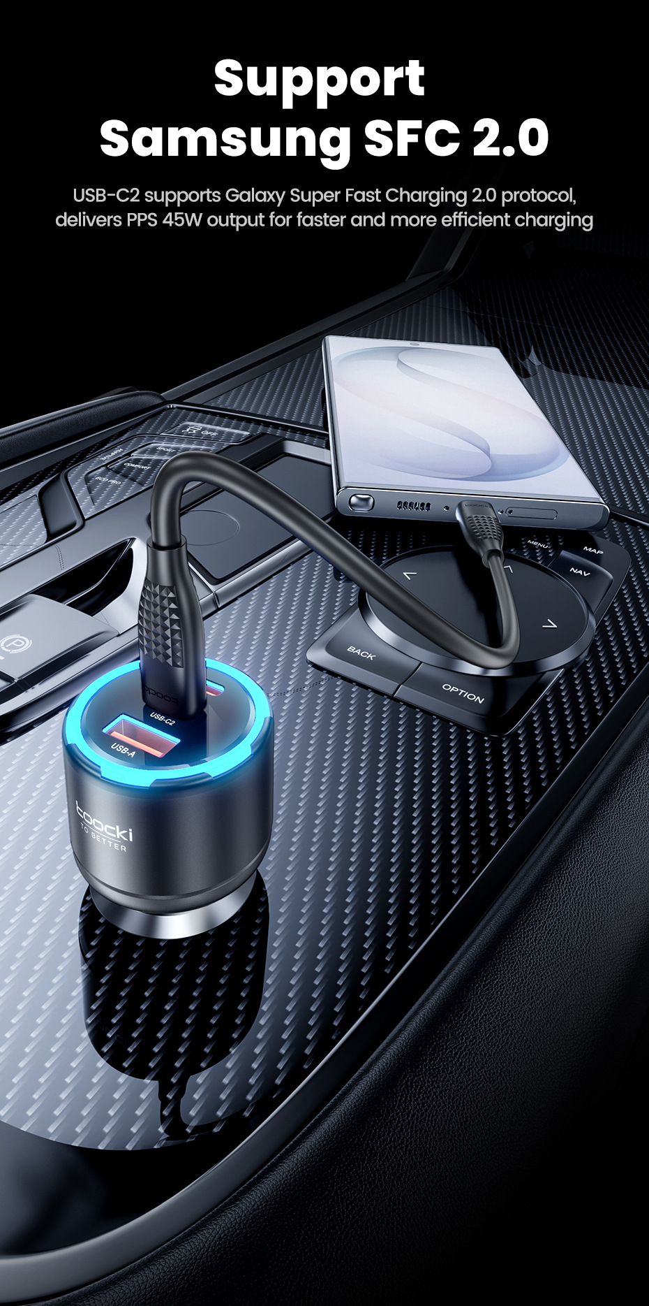 Toocki Cross-Border 90W Ambient Light Three-In-One Super Fast Charging Charger Car Cigarette Lighter Charging Head