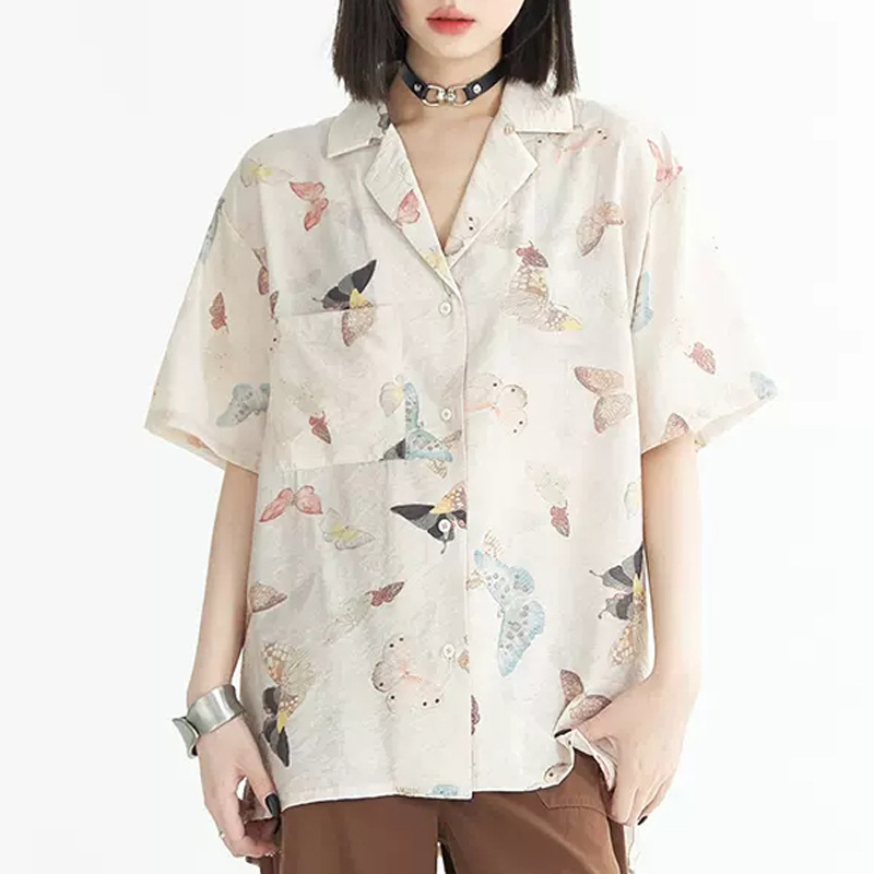 万有引力博物馆 复古满印短袖衬衫女夏季2025年新款衬衣宽松上衣|undefined