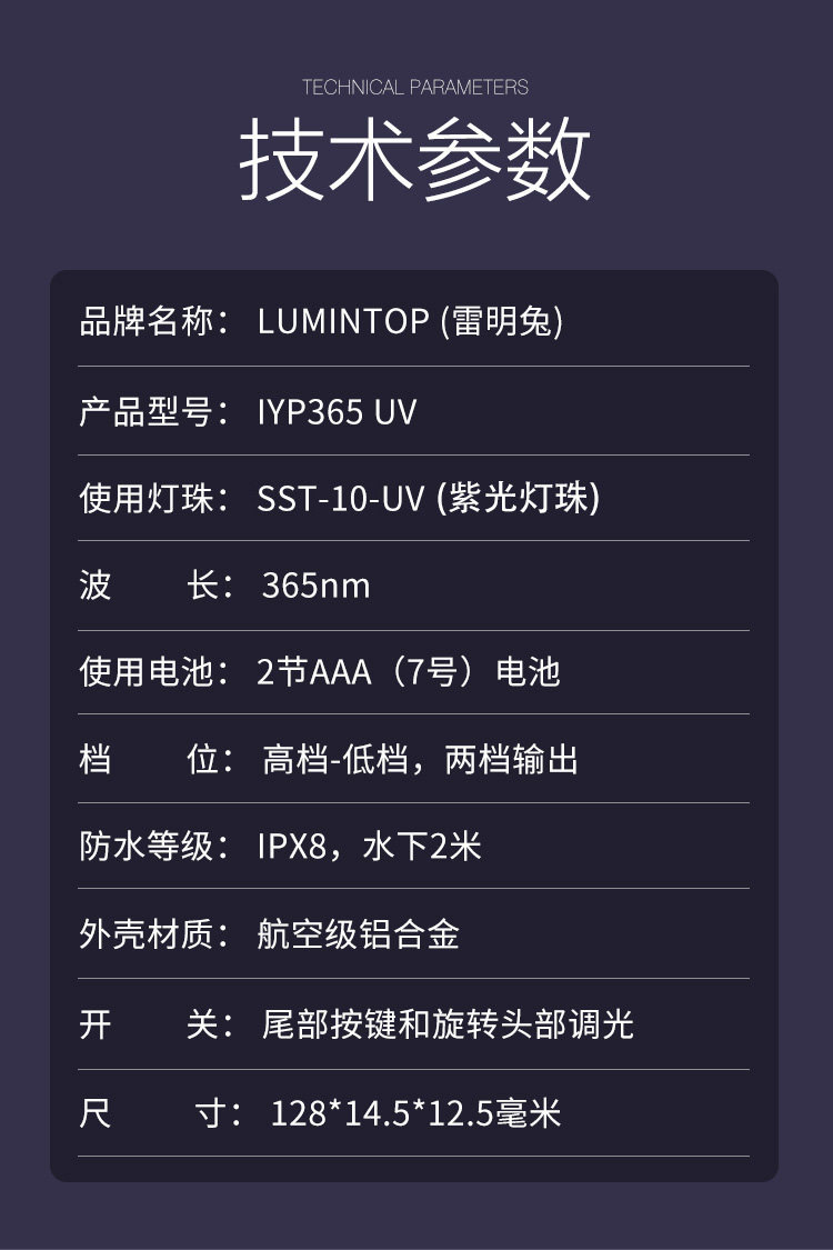 Raymingtu Iyp365 Uv Light Purple Flashlight Wood's Lamp 365Nm Ultraviolet Light for Banknote Detection and Fluorescent Agent Detection