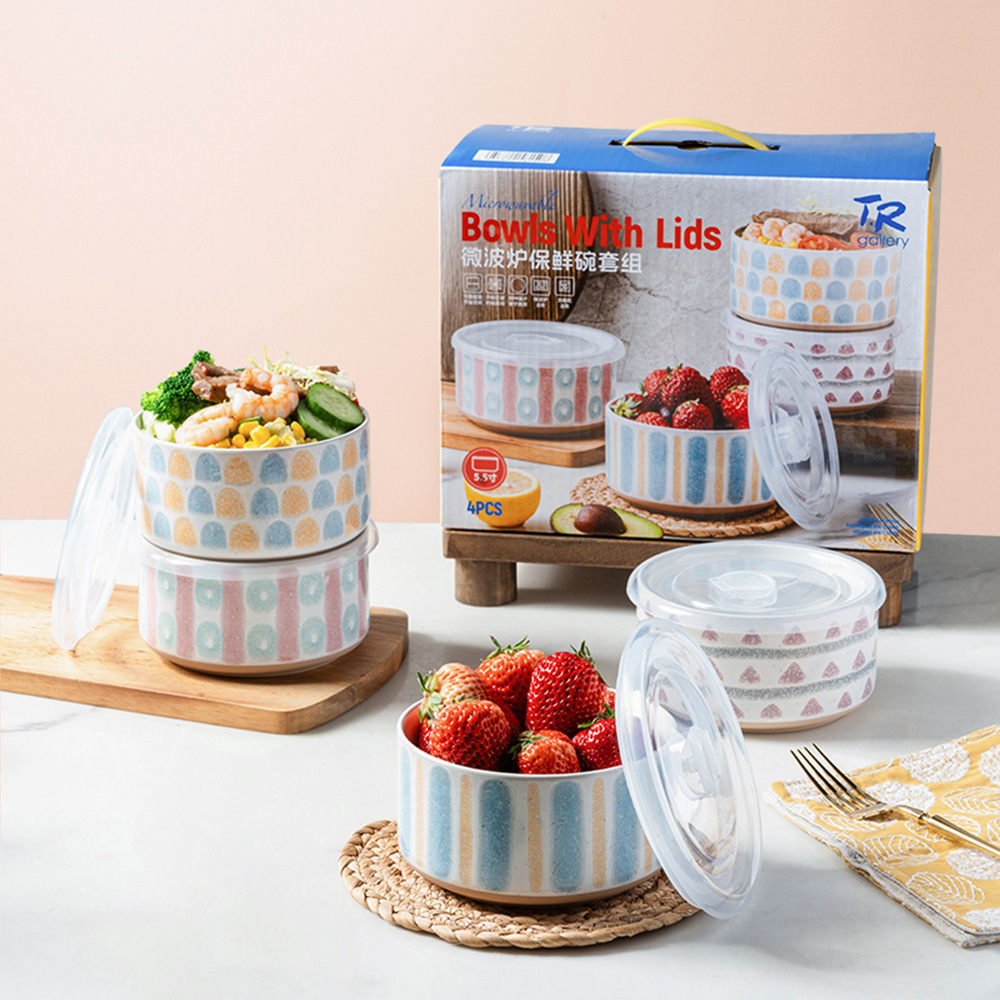 Juego de cuencos de conservación frescos sellados de cerámica, horno microondas, cuencos de regalo de cerámica, cuencos de fideos instantáneos, stock al por mayor