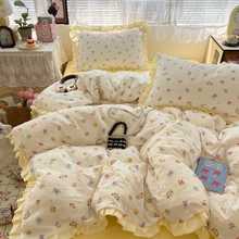新款双层纱床边款印花舒适家用单人双人花边款四件套爆款舒适单人