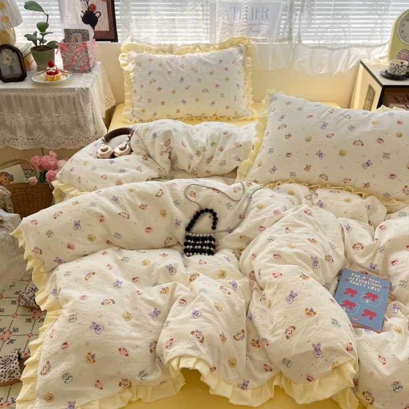 新款双层纱床边款印花舒适家用单人双人花边款四件套爆款舒适单人