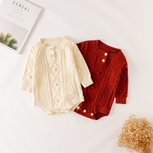 ins Autumn Baby Handmade Bubble Knitted Wool Clothes for Baby Girls Cotton Thread Twist Texture Jumpsuit
