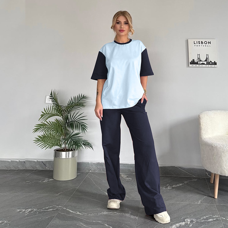 Summer Contrast Color round Neck Short Sleeved T shirt Women Casual Wide Leg Pants Two Piece Sets 12 Summer Contrast Color round Neck Short Sleeved T shirt Women Casual Wide Leg Pants Two Piece Sets