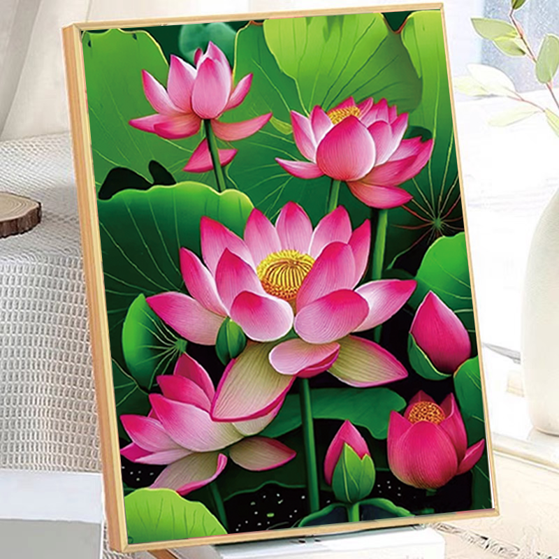 Vertical Cross-Stitch Living Room Entrance Hall Red Lotus Landscape Painting Full Embroidery Self-Embroidered Corridor Handmade Thread Embroidery Decorative Painting