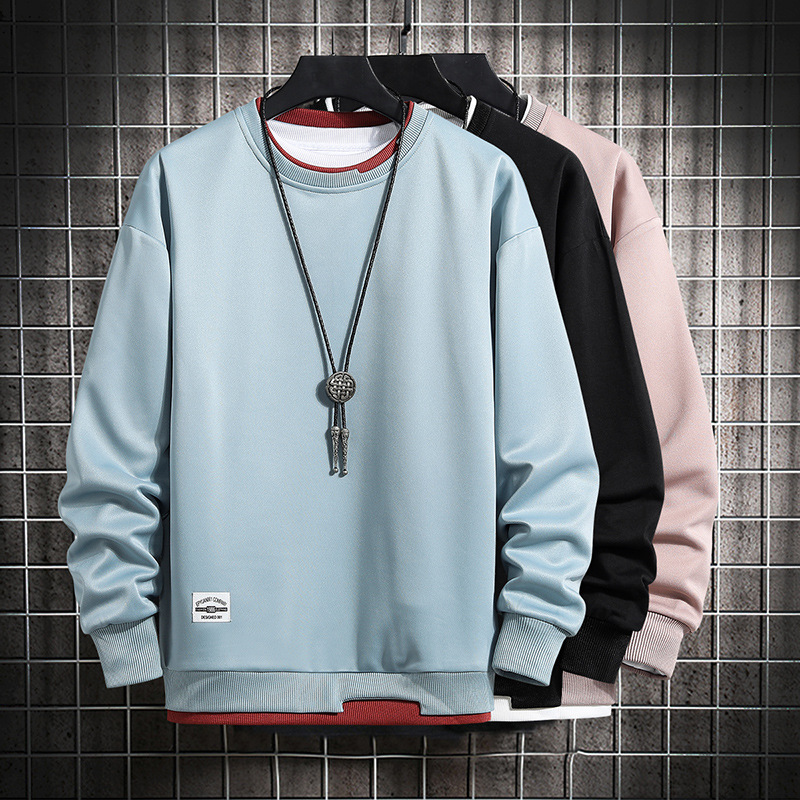 Fake Two-piece Sweater Men's Autumn and Winter Trendy Brand Ins fleece-lined Thickened Long-sleeved T-shirt Loose Base Shirt Couple's Top