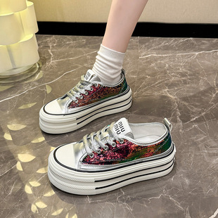 Special Offer Thick-Soled Sequined Canvas Shoes for Women 2025 Summer New Versatile Casual Sneakers Small Height-Increasing White Shoes
