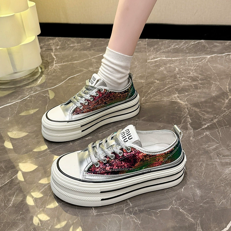 Cloth nail sequins platform, footwear, summer sneakers, high white shoes, for teenagers