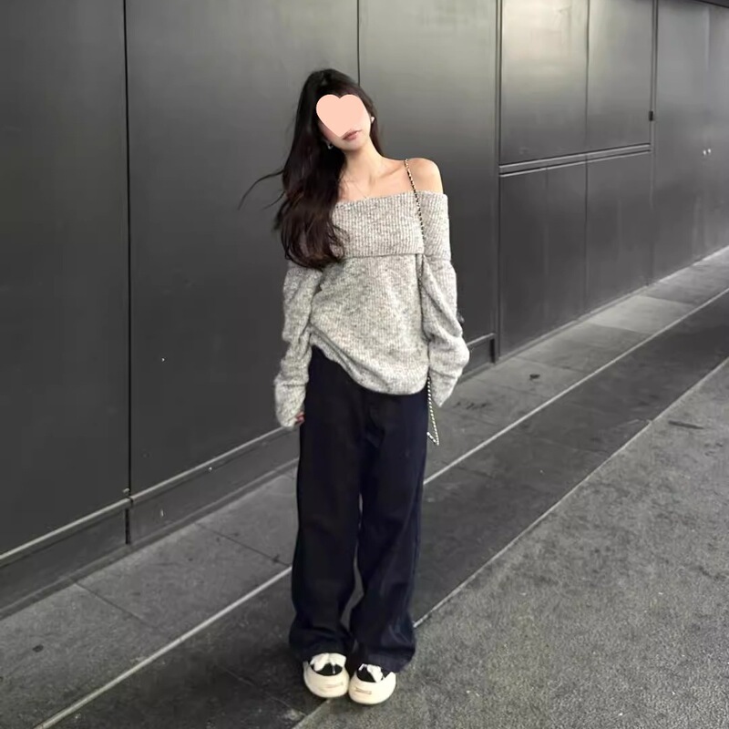 灰色露肩韩系套头毛衣女秋慵懒风宽松休闲显瘦气质小个子长袖上衣|undefined
