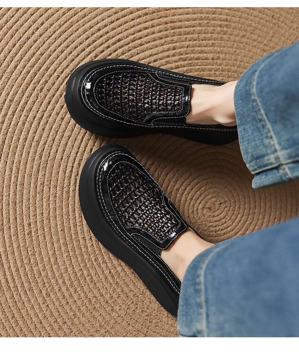 Giày sandal cao gót nữ hở mũi đế dày da thật mũi tròn phong cách lười — màu đen, màu trắng ngà chi tiết 26