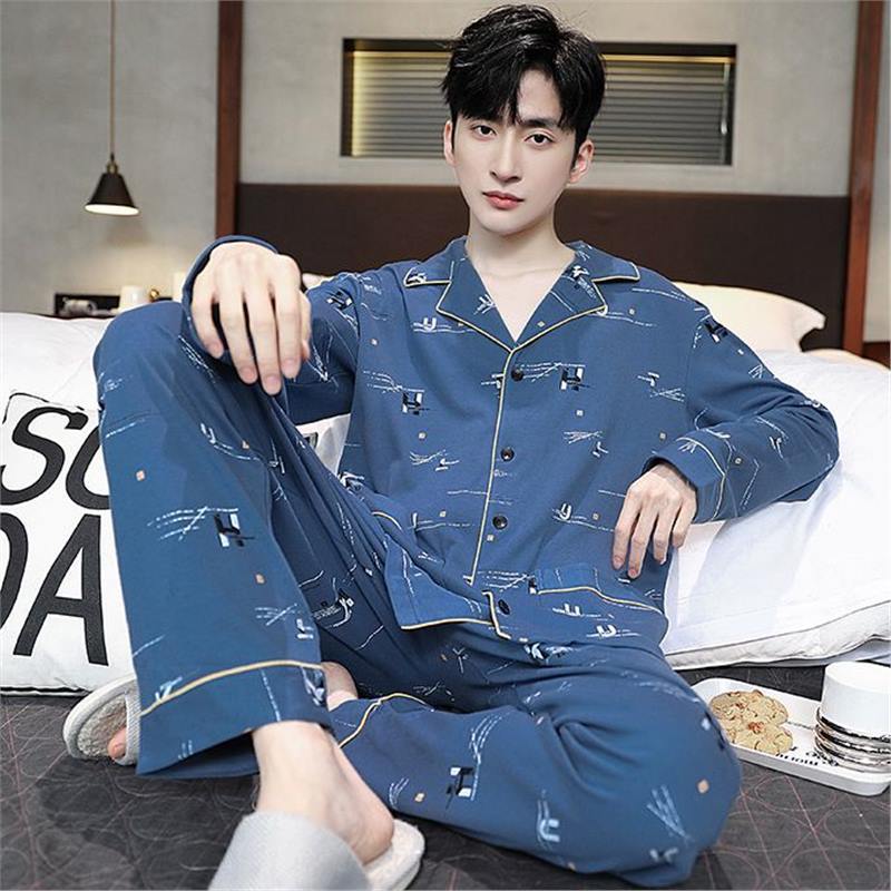Pajamas de algodón de doble cara para hombres primavera y otoño de manga larga juveniles se pueden usar en el exterior
