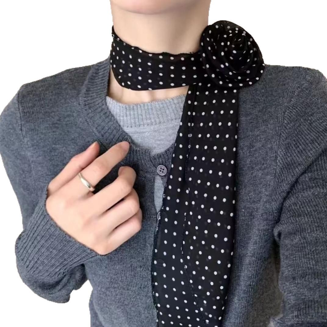 Korean Version Versatile Black Long Striped Polka Dot Rose Silk Spring Summer Thin Atmosphere Niche Neck Scarf_voghion.com