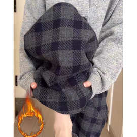 慵懒风撞色格子裤子女2025秋冬新款拖地裤显瘦毛呢加绒加厚阔腿裤