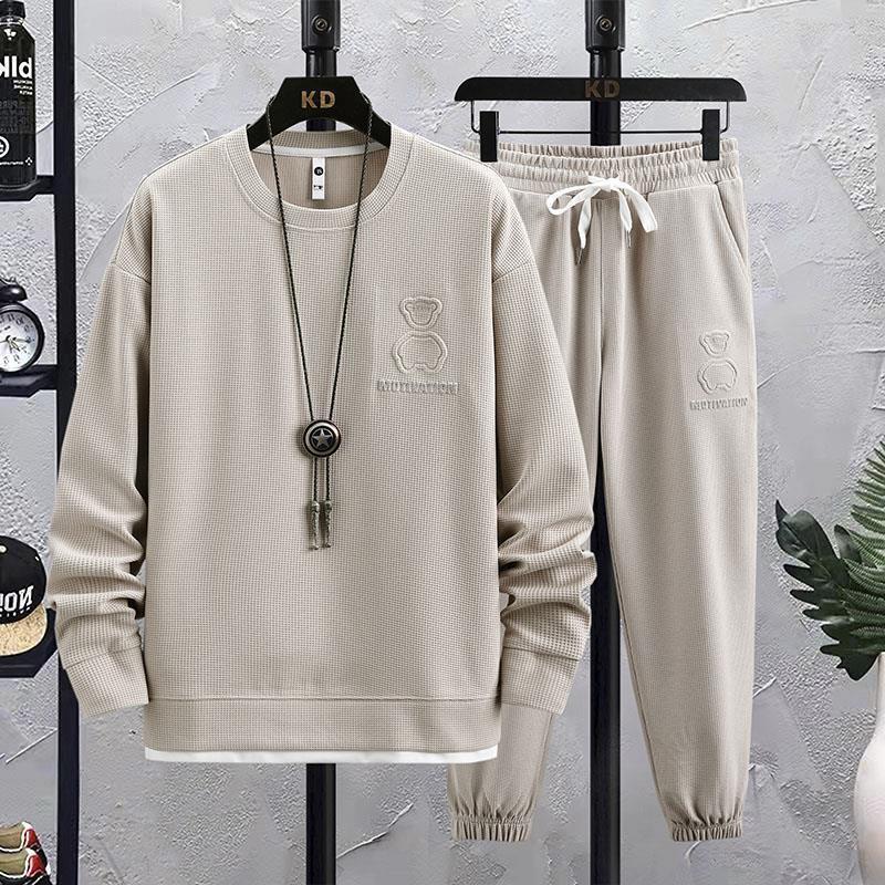 Waffle Casual Sweatshirt Suit 2022 Autumn Round Neck Trendy Brand Steel Stamp Bear Couple Wear Korean Style Sports Two-Piece Set