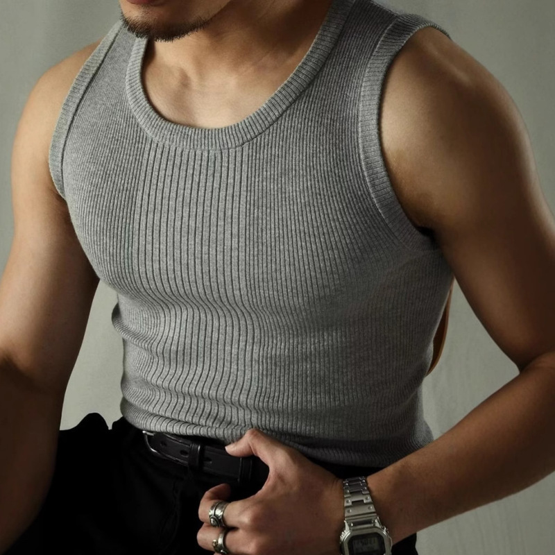 American-Style Coarse Ribbed Fitness Tank Top for Men, Suitable for Sports and Basketball, Elastic Knitwear, Versatile Solid Color Base Layer for Teenagers