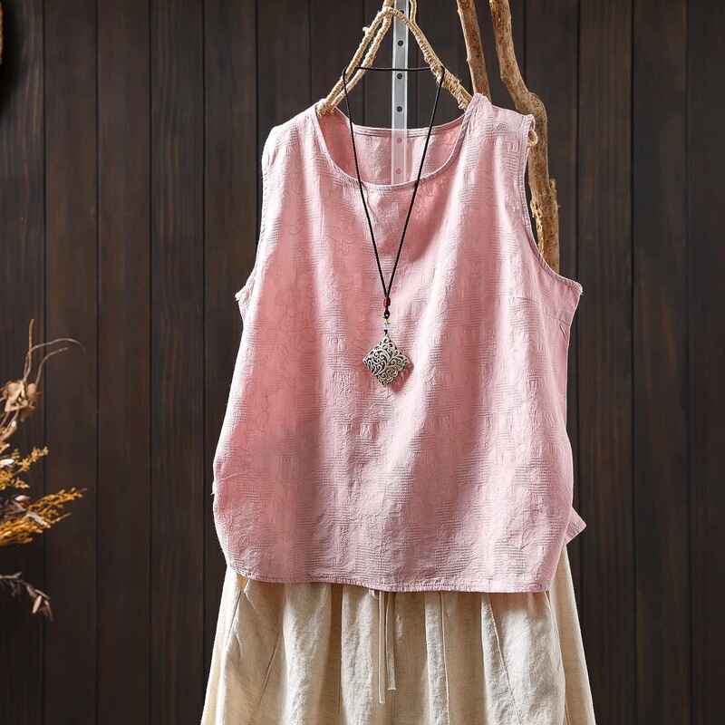 Cotton and Linen Jacquard Sleeveless T-Shirt for Women 2026 New Summer Style Loose Slimming Artistic Casual Pure Cotton Top Vest