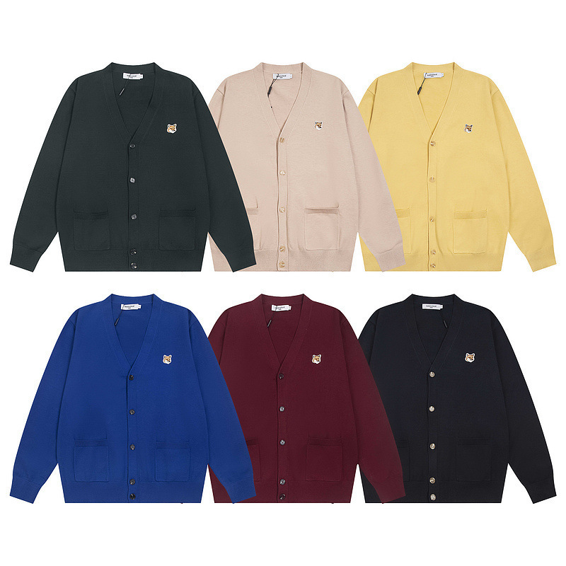 Trendy Brand New Maison Kitsune Classic Fox Head Knitted Embroidered Cardigan Lazy Style Casual V-Neck Jacket