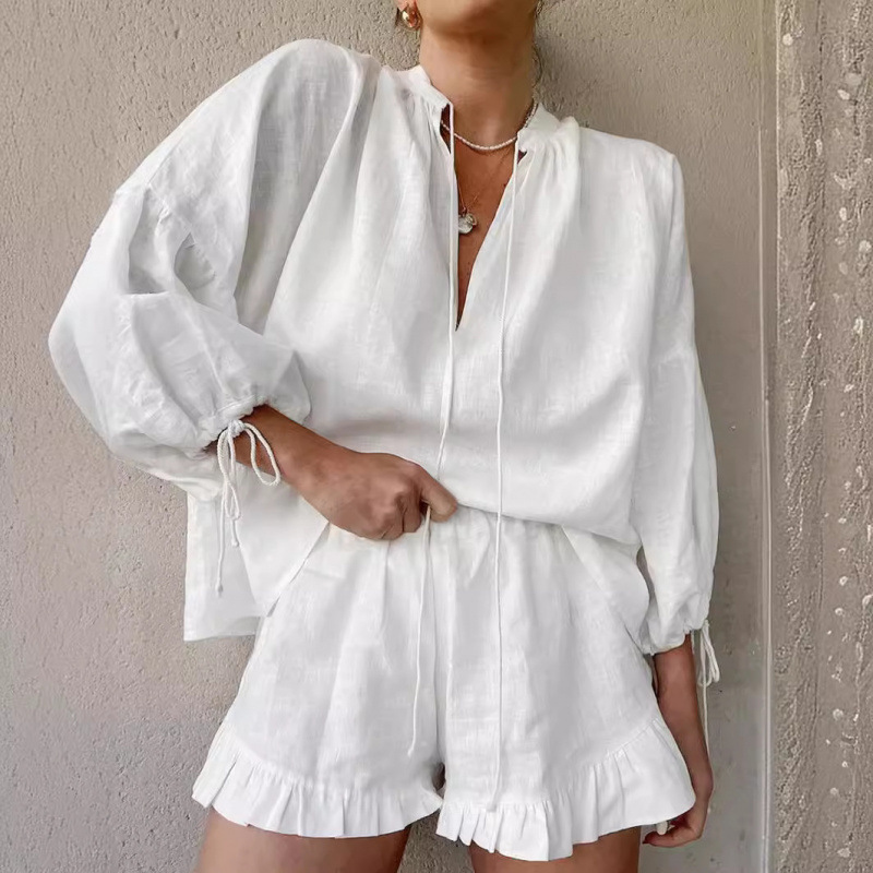 Fashion Cotton Linen Solid Color Loose V-neck Lantern Sleeve Shorts Two-piece Set Summer All-match Sexy Lace-up High Waist suit Fashion Cotton Linen Solid Color Loose V-neck Lantern Sleeve Shorts Two-piece Set Summer All-match Sexy Lace-up High Waist suit