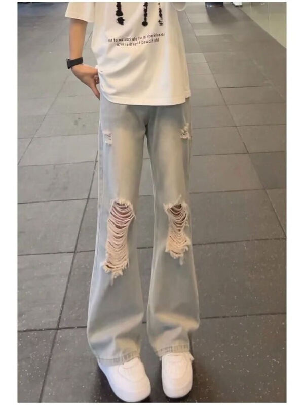 美式高街破洞牛仔裤男款春秋潮牌宽松直筒阔腿休闲百搭微喇长裤子|undefined