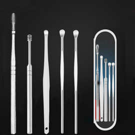 跨境不锈钢掏耳勺6件套耳勺5件套挖耳勺螺旋弹簧耳勺套装采耳工具