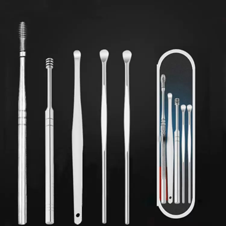 跨境不锈钢掏耳勺6件套耳勺5件套挖耳勺螺旋弹簧耳勺套装采耳工具