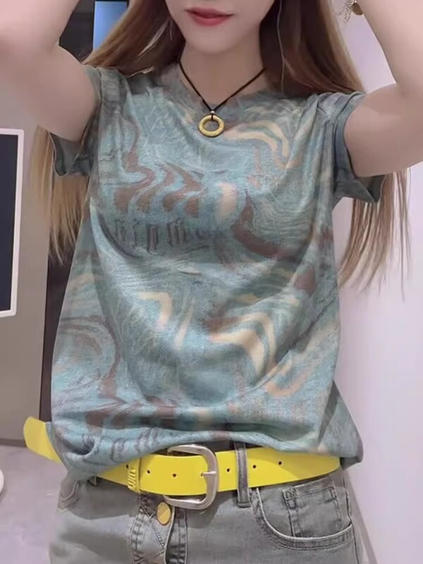 ラウンドネック、右肩、高級ブルーのブルーブルーミング半袖Tシャツ、女性用2025夏の新しいスタイル、年齢を減らすスリムトップ|undefined