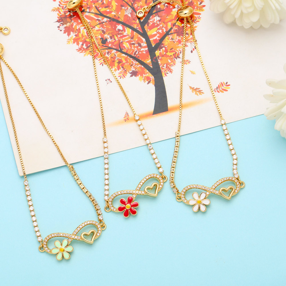 Fashion Heart Shape Flower Copper Enamel Plating Inlay Zircon Bracelets 1 Piece