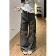 灰色弯刀阔腿牛仔裤女2025年夏季新款高腰显瘦百搭休闲直筒裤子