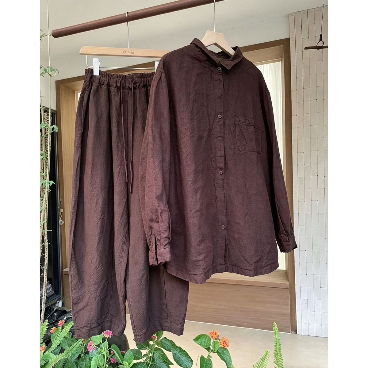Retro Vintage Style Women's Linen Two Piece Suit High End Cotton And Linen Brown Shirt Casual Pants Spring Relaxed Fashionable_ecoleips.com