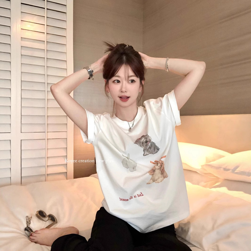 White Cute Animal Design Short-Sleeved T-Shirt for Women, Summer Fashion Versatile Loose Casual Oversize Top White Cute Animal Design Short-Sleeved T-Shirt for Women, Summer Fashion Versatile Loose Casual Oversize Top