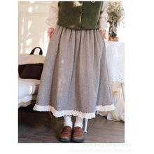 5253森女日系 厚实呢料小清新蕾丝花边半身裙女a字伞裙子