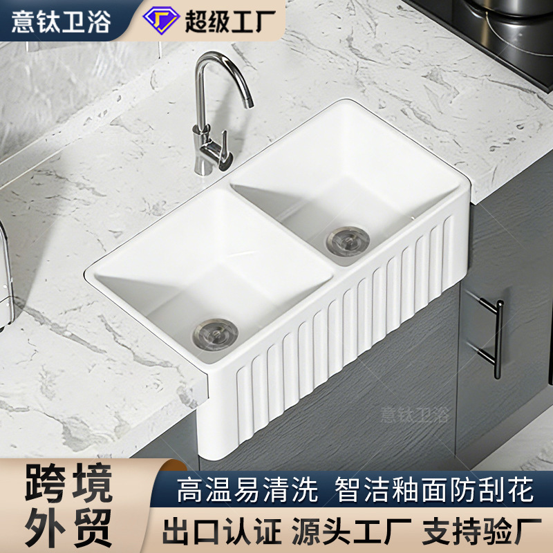 American-Style Ceramic Sink That Doesn'T Yellow, Kitchen Sink for Washing Vegetables, Double Basin Sink, Semi-Embedded Kitchen Sink, Large Single Sink American-Style Ceramic Sink That Doesn'T Yellow, Kitchen Sink for Washing Vegetables, Double Basin Sink, Semi-Embedded Kitchen Sink, Large Single Sink