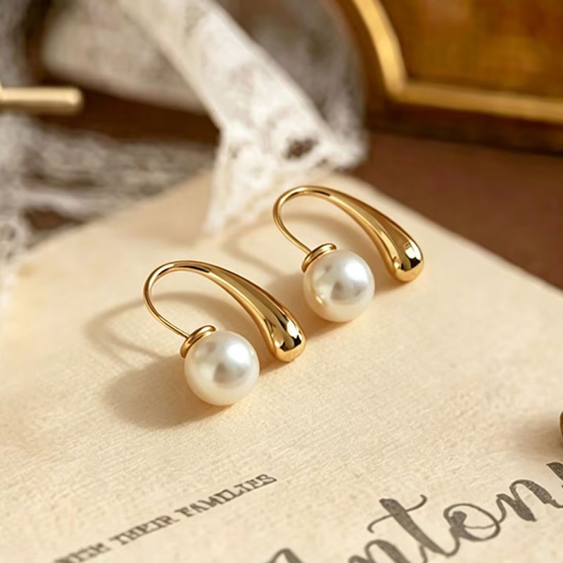 Pendientes de botón con perlas de acero inoxidable mujer_voghion.com