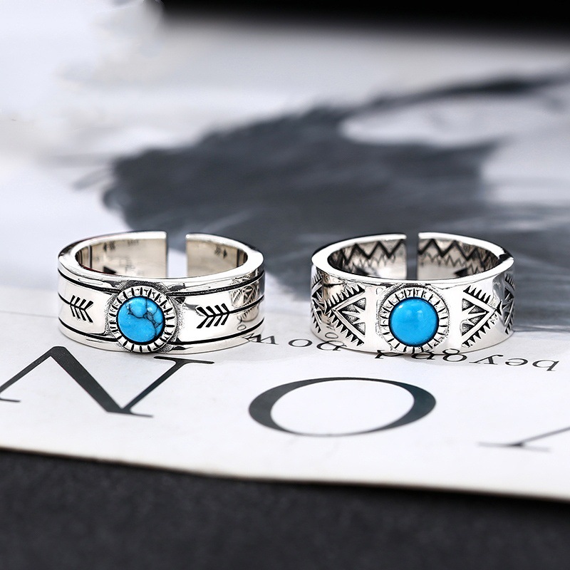 Chiba Taiyin Vintage Inlaid Turquoise Arrow Ring for Men and Women Ethnic Personality Niche Open Ring Ring