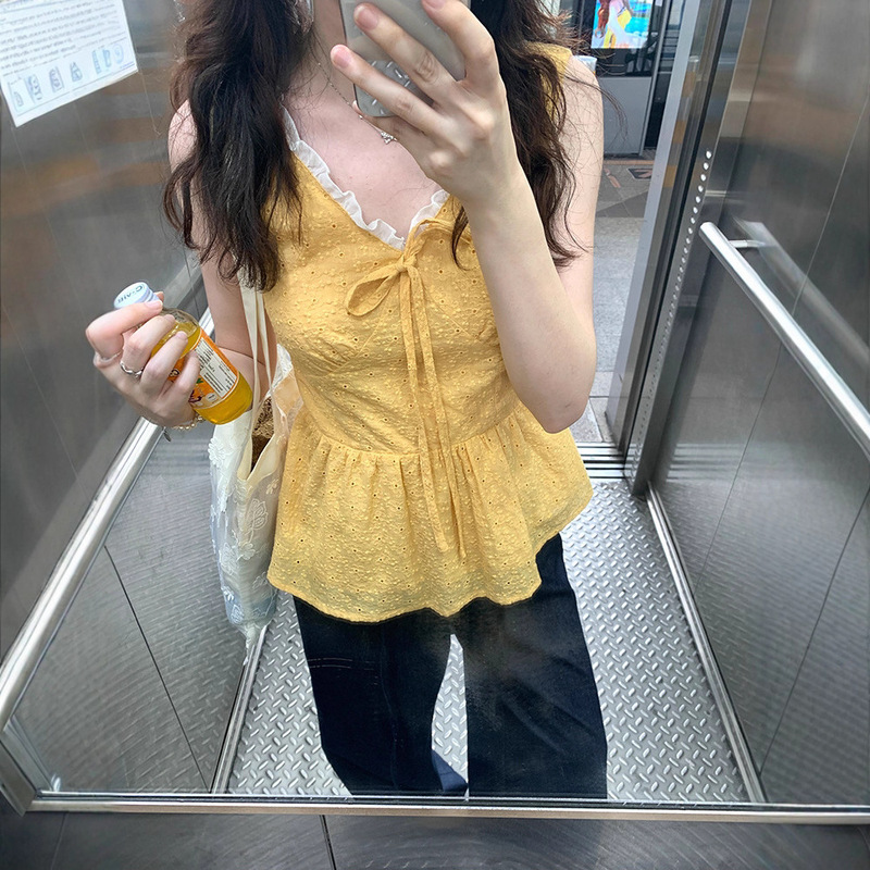 Sunset Daisy V Neck Lace Bow Sleeveless Top for Women's Summer Outer Wear Waist Slimming Look Shirt