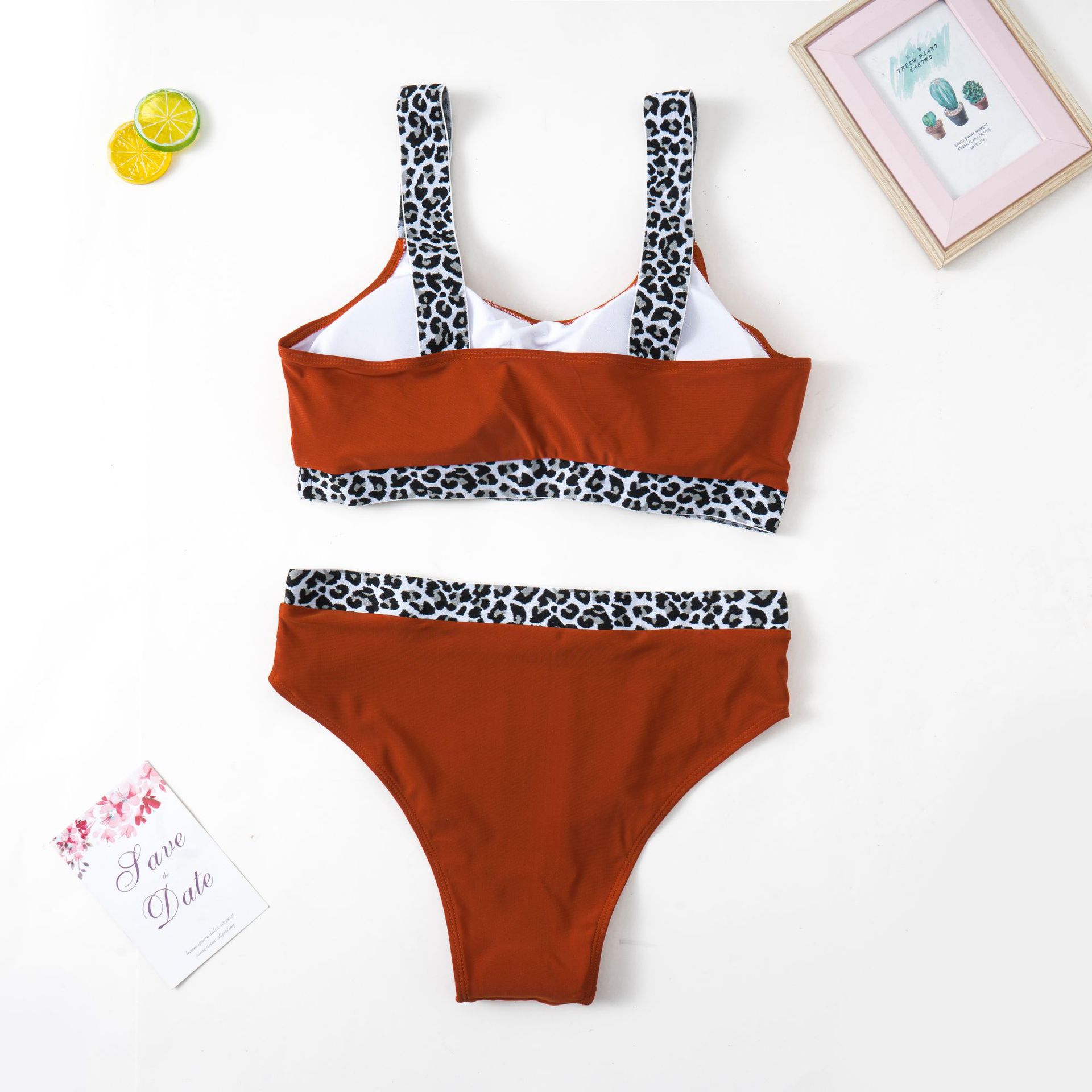 New European American Style Plus-Size Tank Top Bikini With Solid Color And Leopard Print, High-Waisted, Popular On_ecoleips.com